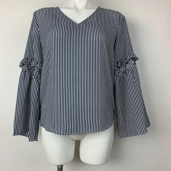 LOFT Black and White Striped V-Neck Blouse - Picture 3 of 5